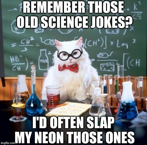 The Good Ol' Science Jokes | REMEMBER THOSE OLD SCIENCE JOKES? I'D OFTEN SLAP MY NEON THOSE ONES | image tagged in memes,chemistry cat | made w/ Imgflip meme maker