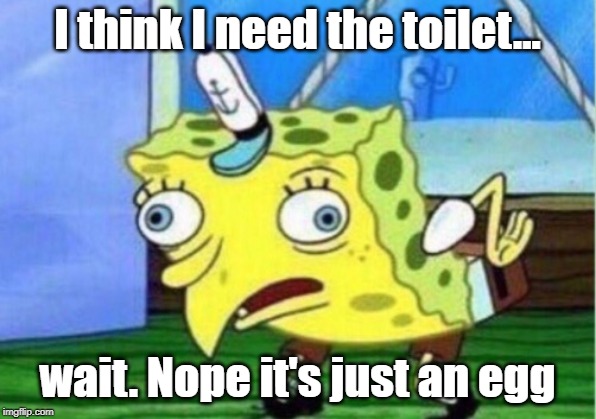 Mocking Spongebob Meme | I think I need the toilet... wait. Nope it's just an egg | image tagged in memes,mocking spongebob | made w/ Imgflip meme maker