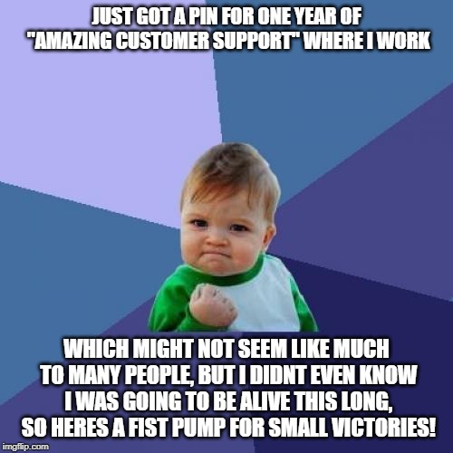 Success Kid |  JUST GOT A PIN FOR ONE YEAR OF "AMAZING CUSTOMER SUPPORT" WHERE I WORK; WHICH MIGHT NOT SEEM LIKE MUCH TO MANY PEOPLE, BUT I DIDNT EVEN KNOW I WAS GOING TO BE ALIVE THIS LONG, SO HERES A FIST PUMP FOR SMALL VICTORIES! | image tagged in memes,success kid | made w/ Imgflip meme maker