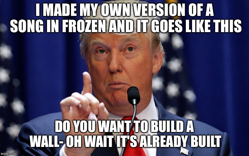 Donald Trump | I MADE MY OWN VERSION OF A SONG IN FROZEN AND IT GOES LIKE THIS; DO YOU WANT TO BUILD A WALL- OH WAIT IT'S ALREADY BUILT | image tagged in donald trump | made w/ Imgflip meme maker