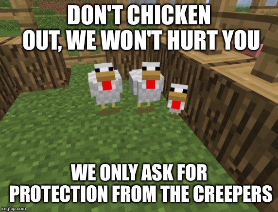 The Chickens Come In Peace | DON'T CHICKEN OUT, WE WON'T HURT YOU; WE ONLY ASK FOR PROTECTION FROM THE CREEPERS | image tagged in minecraft chickens | made w/ Imgflip meme maker