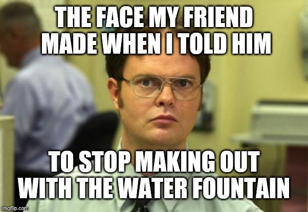 Dwight Schrute Meme | THE FACE MY FRIEND MADE WHEN I TOLD HIM; TO STOP MAKING OUT WITH THE WATER FOUNTAIN | image tagged in memes,dwight schrute | made w/ Imgflip meme maker