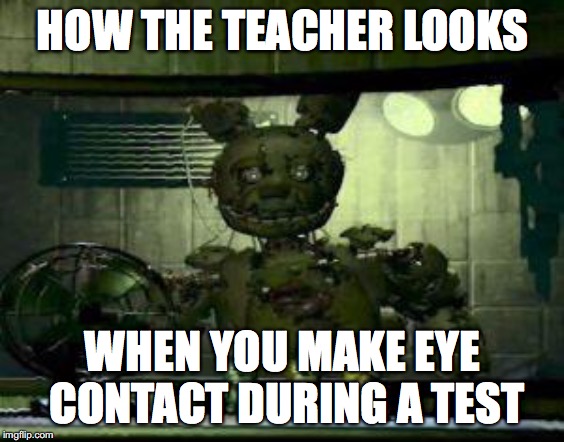 FNAF Springtrap in window | HOW THE TEACHER LOOKS; WHEN YOU MAKE EYE CONTACT DURING A TEST | image tagged in fnaf springtrap in window | made w/ Imgflip meme maker