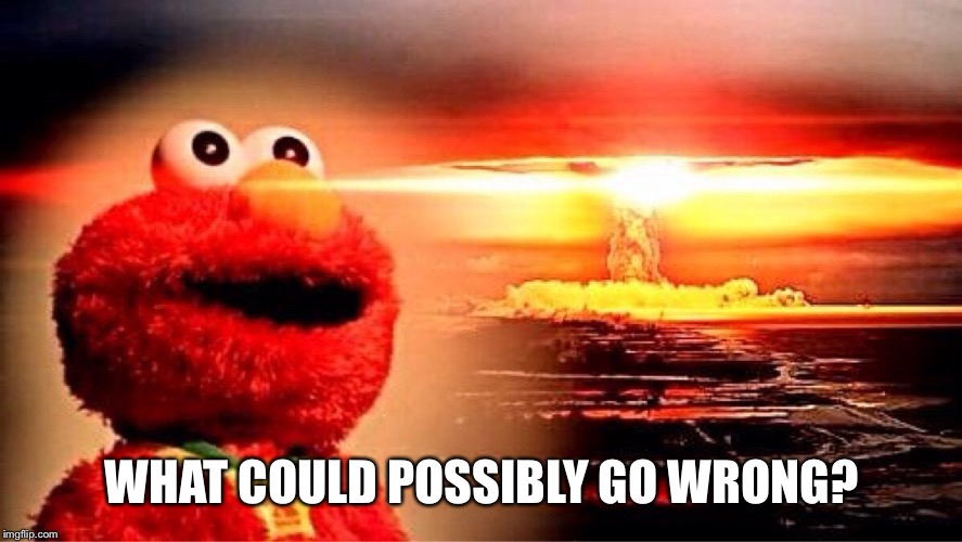 elmo nuclear explosion | WHAT COULD POSSIBLY GO WRONG? | image tagged in elmo nuclear explosion | made w/ Imgflip meme maker