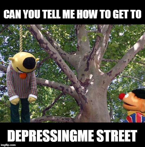 burt is evil | CAN YOU TELL ME HOW TO GET TO; DEPRESSINGME STREET | image tagged in sesame street | made w/ Imgflip meme maker