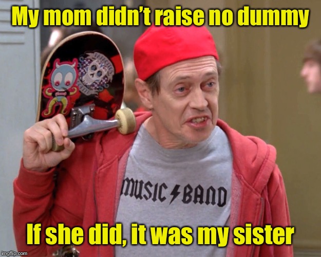 My mom didn’t raise no dummy. |  My mom didn’t raise no dummy; If she did, it was my sister | image tagged in steve buscemi fellow kids,dummy | made w/ Imgflip meme maker