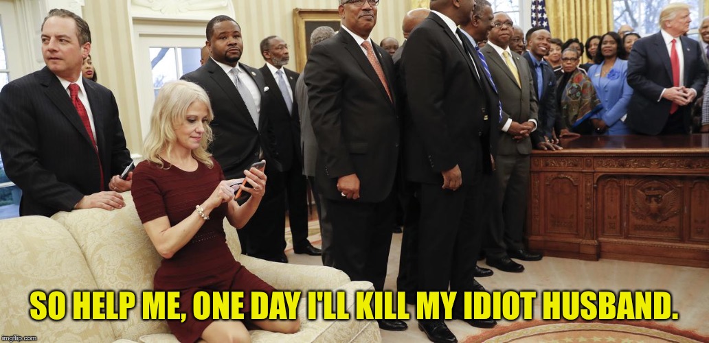 kellyanne conway couch | SO HELP ME, ONE DAY I'LL KILL MY IDIOT HUSBAND. | image tagged in kellyanne conway couch | made w/ Imgflip meme maker