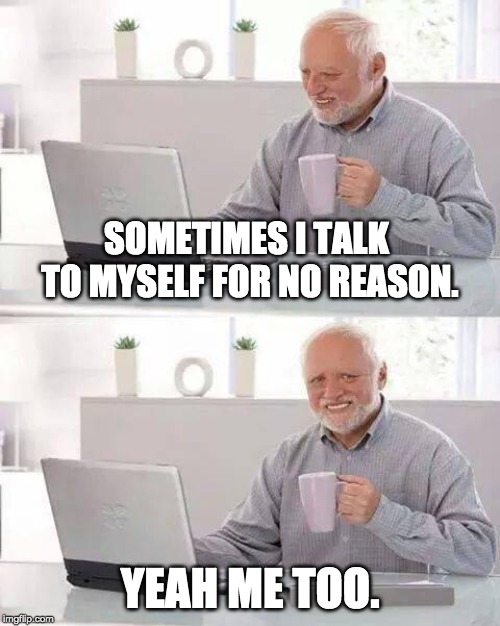 Harold's starting to crack | SOMETIMES I TALK TO MYSELF FOR NO REASON. YEAH ME TOO. | image tagged in memes,hide the pain harold,talk,conversations | made w/ Imgflip meme maker