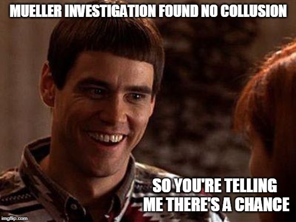 Dumb And Dumber | MUELLER INVESTIGATION FOUND NO COLLUSION; SO YOU'RE TELLING ME THERE'S A CHANCE | image tagged in dumb and dumber | made w/ Imgflip meme maker
