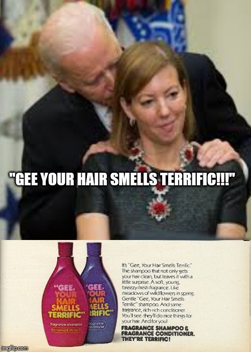GEE YOUR HAIR SMELLS TERRIFIC |  "GEE YOUR HAIR SMELLS TERRIFIC!!!" | image tagged in joe biden,creepy joe biden,creepy uncle joe,hair sniffing,joe biden creepy | made w/ Imgflip meme maker
