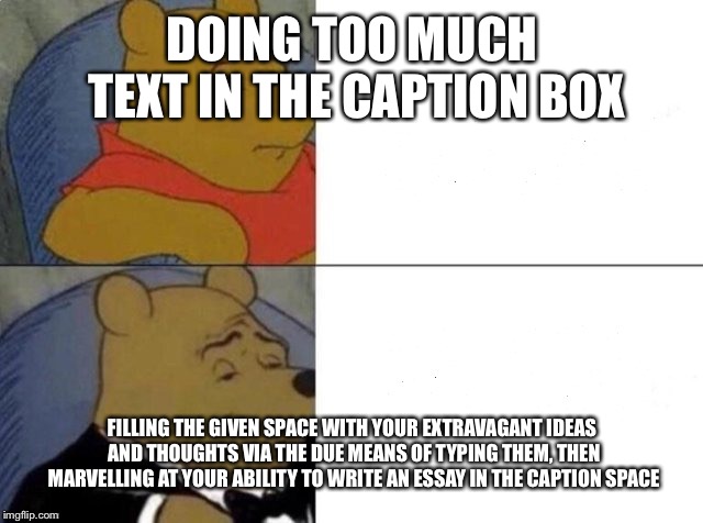 Tuxedo Winnie The Pooh Meme | DOING TOO MUCH TEXT IN THE CAPTION BOX; FILLING THE GIVEN SPACE WITH YOUR EXTRAVAGANT IDEAS AND THOUGHTS VIA THE DUE MEANS OF TYPING THEM, THEN MARVELLING AT YOUR ABILITY TO WRITE AN ESSAY IN THE CAPTION SPACE | image tagged in tuxedo winnie the pooh | made w/ Imgflip meme maker