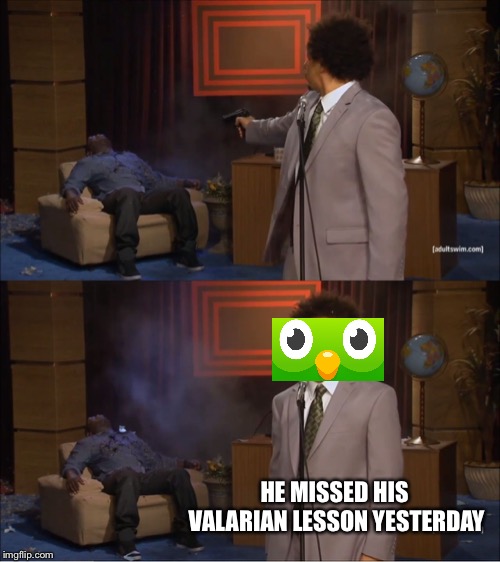 You missed your lesson. You know what happens now. | HE MISSED HIS VALARIAN LESSON YESTERDAY | image tagged in memes,who killed hannibal,game of thrones,duolingo,funny | made w/ Imgflip meme maker