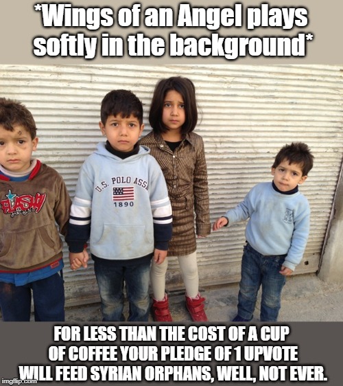 I'll tug at your heartstrings to get what I want from you. | *Wings of an Angel plays softly in the background*; FOR LESS THAN THE COST OF A CUP OF COFFEE YOUR PLEDGE OF 1 UPVOTE WILL FEED SYRIAN ORPHANS, WELL, NOT EVER. | image tagged in syrian orphans,memes,upvote,begging | made w/ Imgflip meme maker