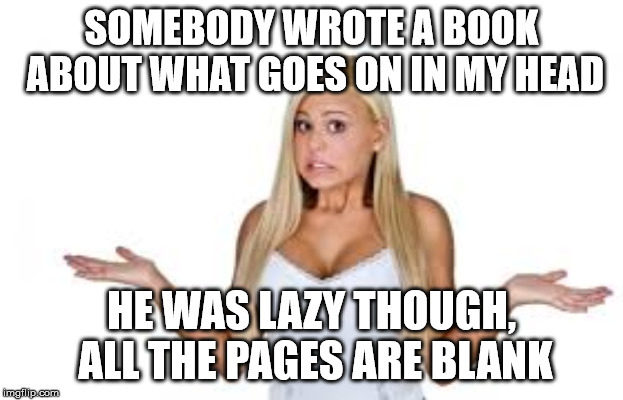 Dumb Blonde | SOMEBODY WROTE A BOOK ABOUT WHAT GOES ON IN MY HEAD; HE WAS LAZY THOUGH, ALL THE PAGES ARE BLANK | image tagged in dumb blonde | made w/ Imgflip meme maker