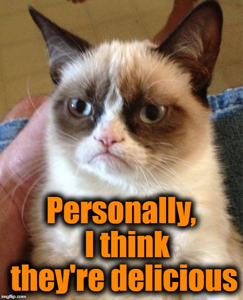 Grumpy Cat Meme | Personally,  I think they're delicious | image tagged in memes,grumpy cat | made w/ Imgflip meme maker