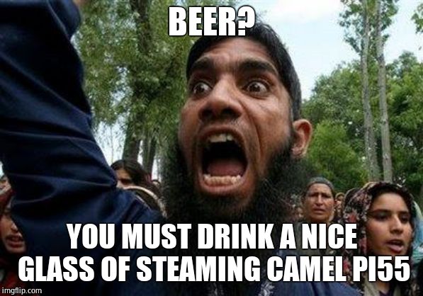 Angry Muslim | BEER? YOU MUST DRINK A NICE GLASS OF STEAMING CAMEL PI55 | image tagged in angry muslim | made w/ Imgflip meme maker