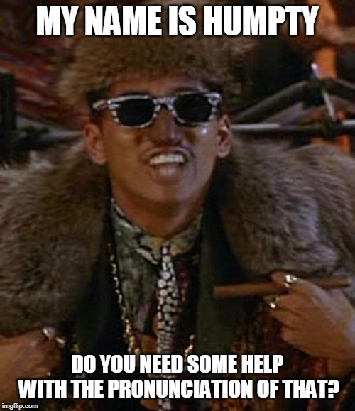 Humpty Hump | MY NAME IS HUMPTY DO YOU NEED SOME HELP WITH THE PRONUNCIATION OF THAT? | image tagged in humpty hump | made w/ Imgflip meme maker