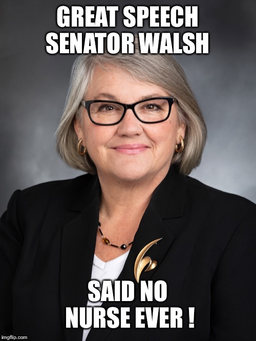 My guess is that she has NEVER missed a lunch break | GREAT SPEECH SENATOR WALSH; SAID NO NURSE EVER ! | image tagged in missed breaks,gotta pee really bad,so thirsty,but drinks not allowed,in the nurses station,i am an angry nurse | made w/ Imgflip meme maker