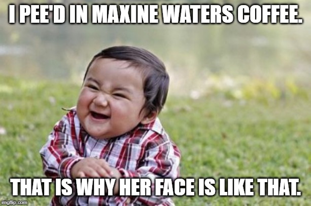 Pee'd in Maxine waters coffee | I PEE'D IN MAXINE WATERS COFFEE. THAT IS WHY HER FACE IS LIKE THAT. | image tagged in memes,evil toddler | made w/ Imgflip meme maker