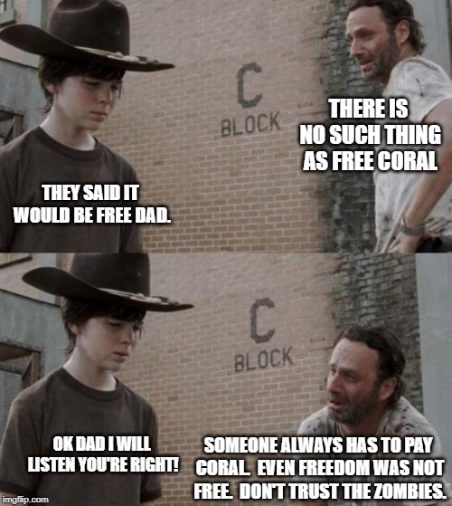 Rick and Carl Meme | THERE IS NO SUCH THING AS FREE CORAL; THEY SAID IT WOULD BE FREE DAD. SOMEONE ALWAYS HAS TO PAY CORAL.  EVEN FREEDOM WAS NOT FREE.  DON'T TRUST THE ZOMBIES. OK DAD I WILL LISTEN YOU'RE RIGHT! | image tagged in memes,rick and carl | made w/ Imgflip meme maker