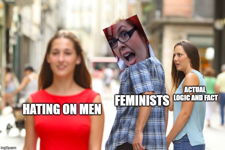 Distracted Boyfriend Meme | HATING ON MEN FEMINISTS ACTUAL LOGIC AND FACT | image tagged in memes,distracted boyfriend | made w/ Imgflip meme maker