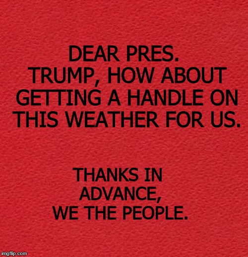 blank red card | DEAR PRES. TRUMP, HOW ABOUT GETTING A HANDLE ON THIS WEATHER FOR US. THANKS IN ADVANCE, WE THE PEOPLE. | image tagged in weather,thanks,dear pres trump | made w/ Imgflip meme maker