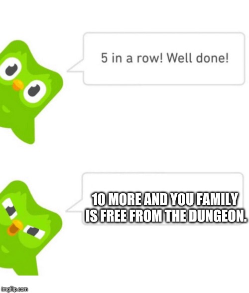 Duolingo 5 in a row | 10 MORE AND YOU FAMILY IS FREE FROM THE DUNGEON. | image tagged in duolingo 5 in a row | made w/ Imgflip meme maker