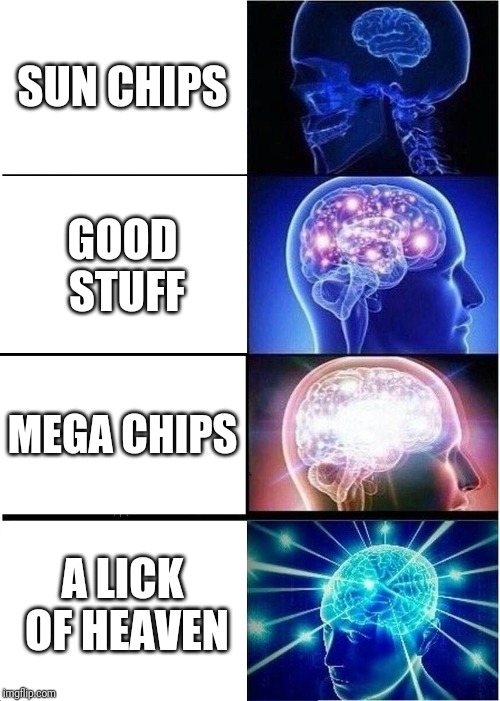 Expanding Brain Meme | SUN CHIPS GOOD STUFF MEGA CHIPS A LICK OF HEAVEN | image tagged in memes,expanding brain | made w/ Imgflip meme maker