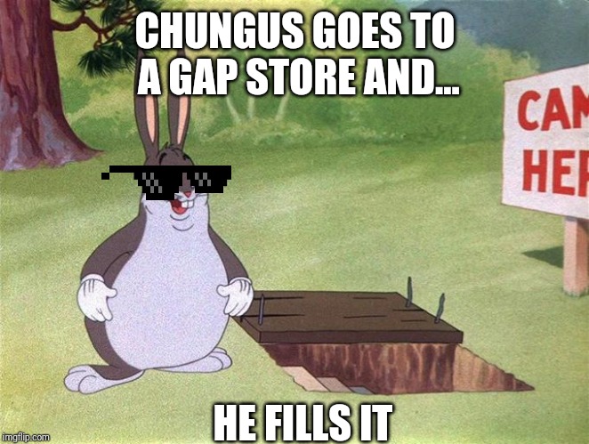 Big Chungus | CHUNGUS GOES TO A GAP STORE AND... HE FILLS IT | image tagged in big chungus | made w/ Imgflip meme maker