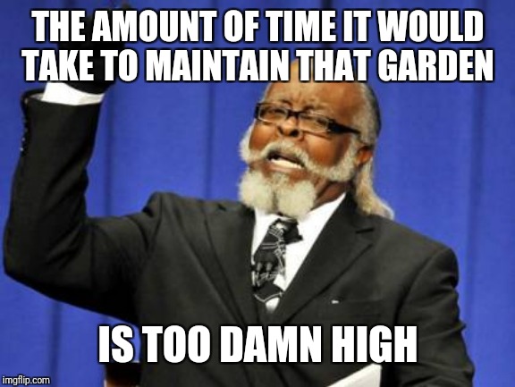 Too Damn High Meme | THE AMOUNT OF TIME IT WOULD TAKE TO MAINTAIN THAT GARDEN IS TOO DAMN HIGH | image tagged in memes,too damn high | made w/ Imgflip meme maker