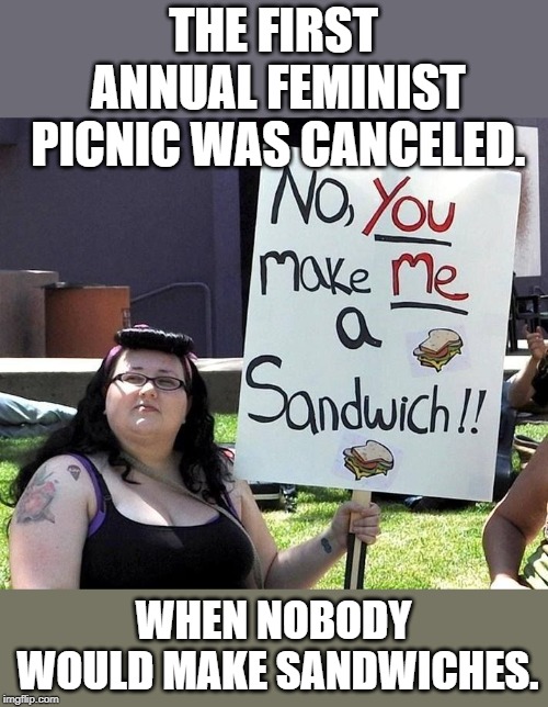 Fat Feminist | THE FIRST ANNUAL FEMINIST PICNIC WAS CANCELED. WHEN NOBODY WOULD MAKE SANDWICHES. | image tagged in fat feminist | made w/ Imgflip meme maker