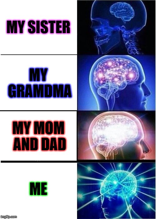 Expanding Brain Meme | MY SISTER; MY GRAMDMA; MY MOM AND DAD; ME | image tagged in memes,expanding brain | made w/ Imgflip meme maker