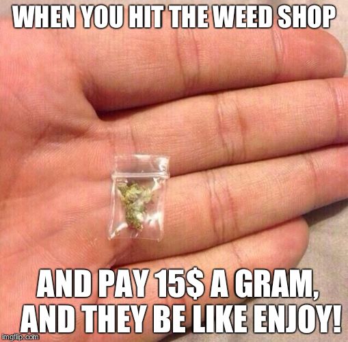 weed sack | WHEN YOU HIT THE WEED SHOP; AND PAY 15$ A GRAM, AND THEY BE LIKE ENJOY! | image tagged in weed sack | made w/ Imgflip meme maker