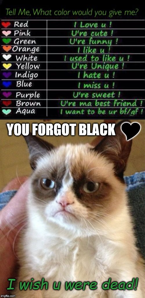 Wow, that is so dark! | Y; YOU FORGOT BLACK; I wish u were dead! | image tagged in memes,grumpy cat,dark humor | made w/ Imgflip meme maker
