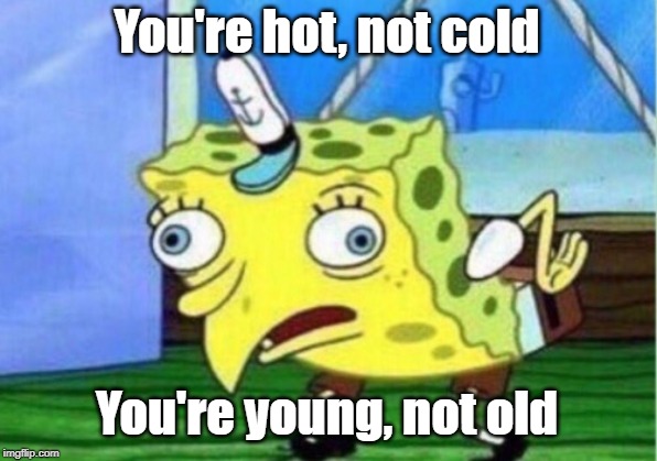 Mocking Spongebob Meme | You're hot, not cold You're young, not old | image tagged in memes,mocking spongebob | made w/ Imgflip meme maker