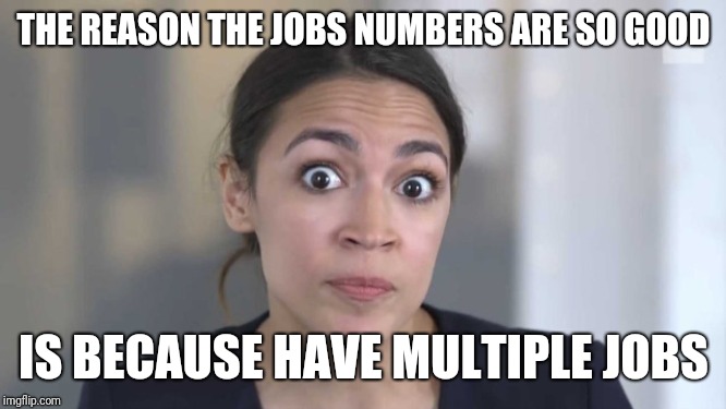 Crazy Alexandria Ocasio-Cortez | THE REASON THE JOBS NUMBERS ARE SO GOOD IS BECAUSE HAVE MULTIPLE JOBS | image tagged in crazy alexandria ocasio-cortez | made w/ Imgflip meme maker