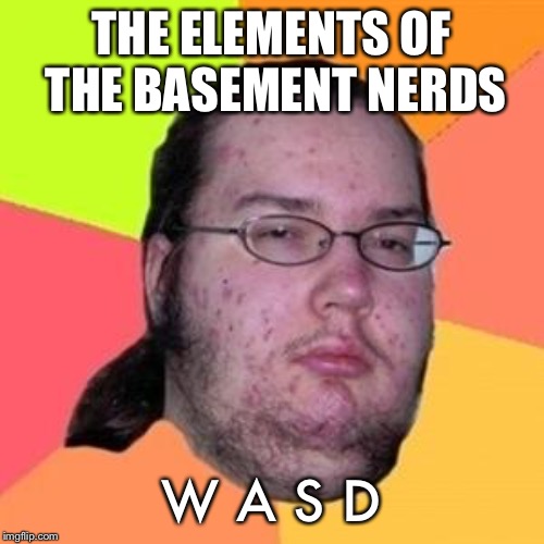 fat gamer | THE ELEMENTS OF THE BASEMENT NERDS; W A S D | image tagged in fat gamer | made w/ Imgflip meme maker