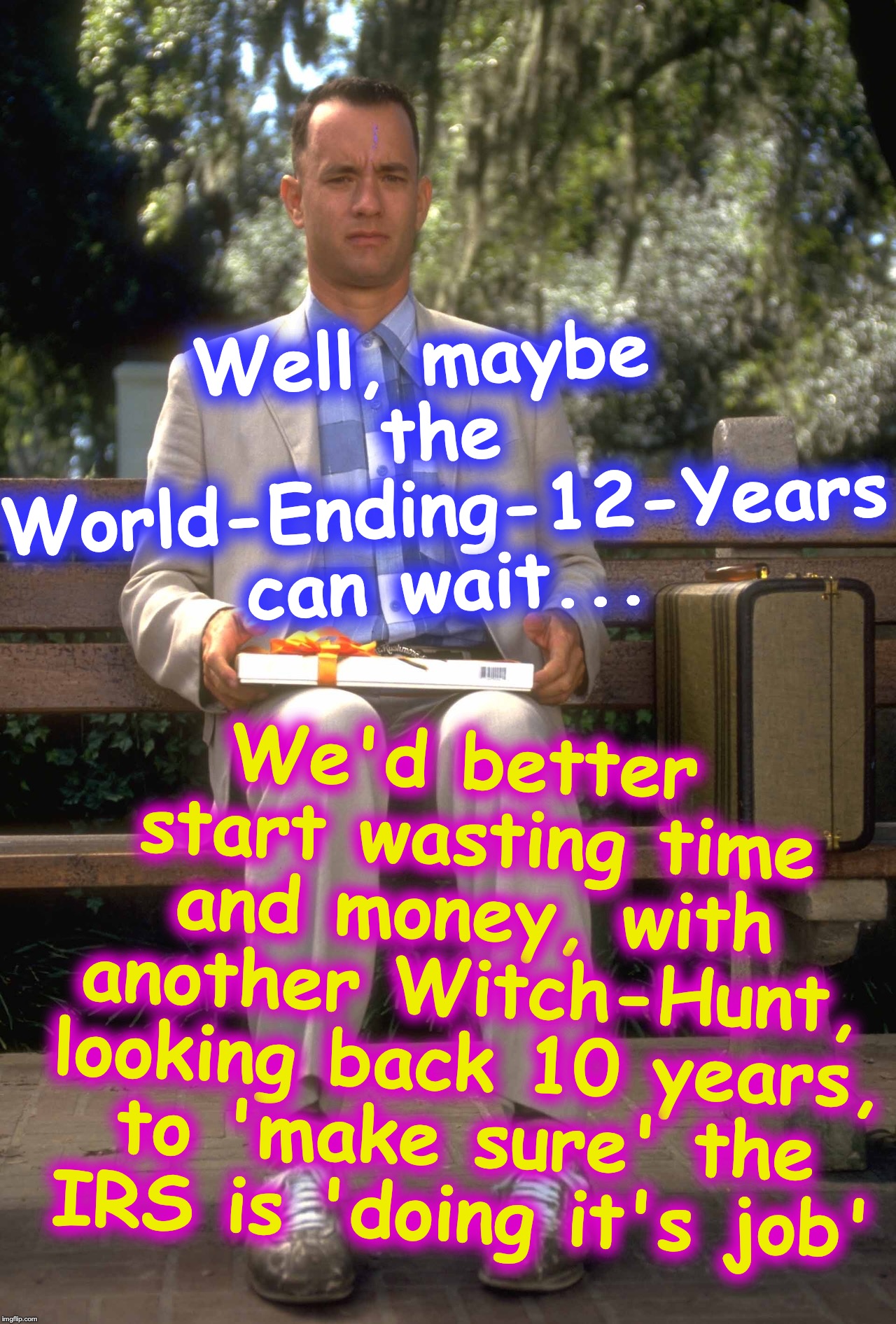 Forrest Gump | Well, maybe the World-Ending-12-Years can wait... We'd better start wasting time and money, with another Witch-Hunt, looking back 10 years, to 'make sure' the IRS is 'doing it's job' | image tagged in forrest gump | made w/ Imgflip meme maker