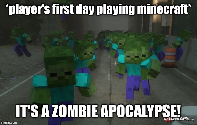 What a Great Time to Be Alive... | *player's first day playing minecraft*; IT'S A ZOMBIE APOCALYPSE! | image tagged in on the first day of minecraft | made w/ Imgflip meme maker