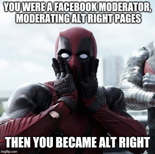 Deadpool Surprised Meme | YOU WERE A FACEBOOK MODERATOR, MODERATING ALT RIGHT PAGES; THEN YOU BECAME ALT RIGHT | image tagged in memes,deadpool surprised | made w/ Imgflip meme maker