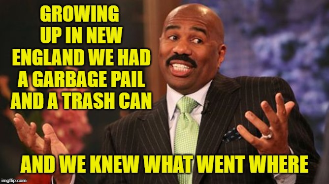 Steve Harvey Meme | GROWING UP IN NEW ENGLAND WE HAD A GARBAGE PAIL AND A TRASH CAN AND WE KNEW WHAT WENT WHERE | image tagged in memes,steve harvey | made w/ Imgflip meme maker