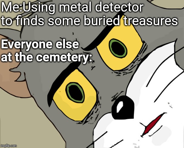 Unsettled Tom Meme | Me:Using metal detector to finds some buried treasures; Everyone else at the cemetery: | image tagged in memes,unsettled tom | made w/ Imgflip meme maker