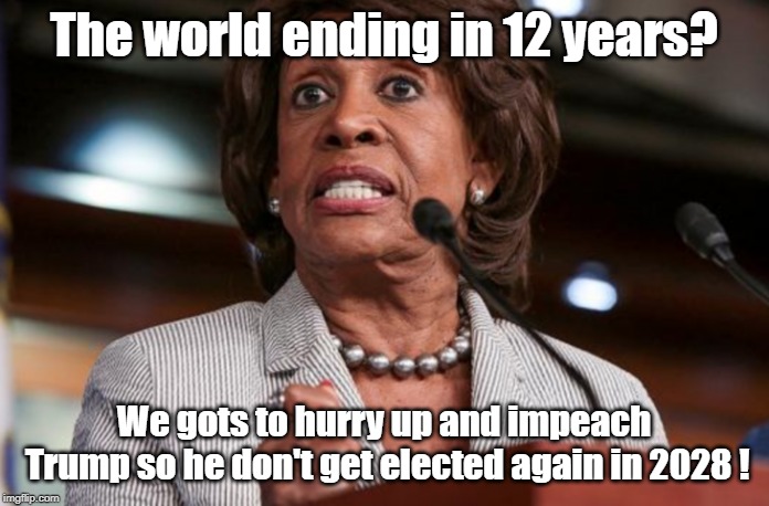 Maxine: If the world is ending in 12 years, we gots to hurry | The world ending in 12 years? We gots to hurry up and impeach Trump so he don't get elected again in 2028 ! | image tagged in maxine waters | made w/ Imgflip meme maker