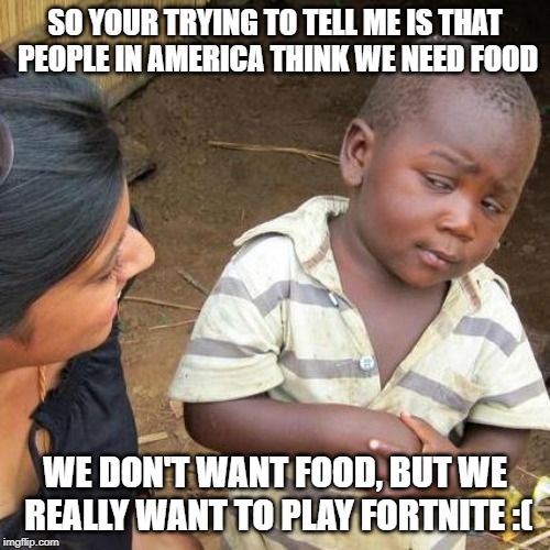Third World Skeptical Kid | SO YOUR TRYING TO TELL ME IS THAT PEOPLE IN AMERICA THINK WE NEED FOOD; WE DON'T WANT FOOD, BUT WE REALLY WANT TO PLAY FORTNITE :( | image tagged in memes,third world skeptical kid | made w/ Imgflip meme maker