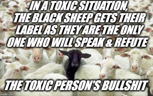 Black sheep | IN A TOXIC SITUATION, THE BLACK SHEEP GETS THEIR LABEL AS THEY ARE THE ONLY ONE WHO WILL SPEAK & REFUTE; THE TOXIC PERSON'S BULLSHIT | image tagged in black sheep | made w/ Imgflip meme maker