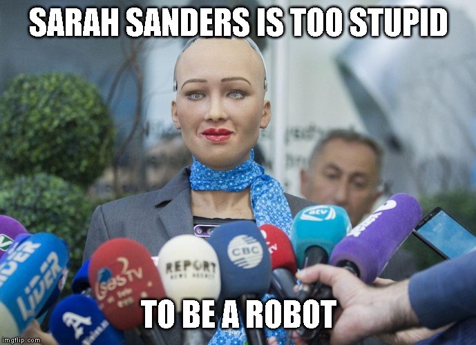 Sarah Sanders, you are a complete liar. | SARAH SANDERS IS TOO STUPID; TO BE A ROBOT | image tagged in sarah huckabee sanders,liar,impeach trump | made w/ Imgflip meme maker