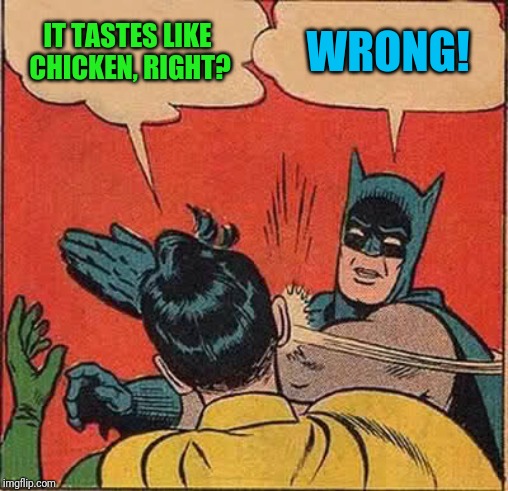 Batman Slapping Robin Meme | IT TASTES LIKE CHICKEN, RIGHT? WRONG! | image tagged in memes,batman slapping robin | made w/ Imgflip meme maker