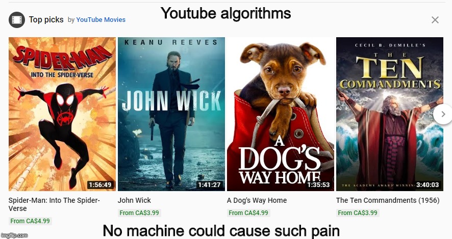 Youtube algorithms | Youtube algorithms; No machine could cause such pain | image tagged in john wick,dogs,youtube,pain | made w/ Imgflip meme maker