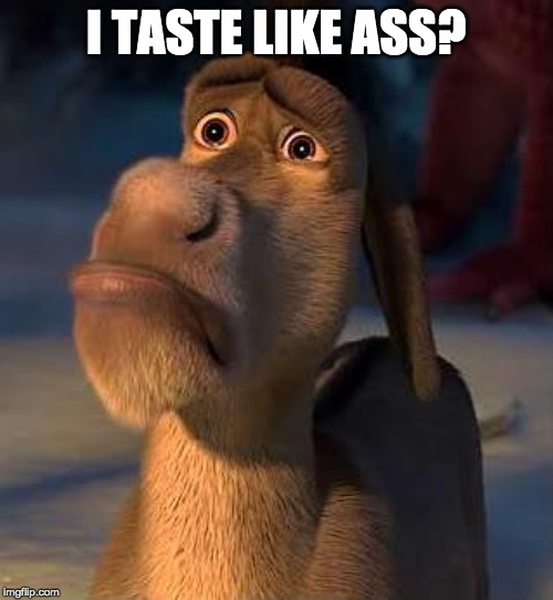 sad donkey | I TASTE LIKE ASS? | image tagged in sad donkey | made w/ Imgflip meme maker