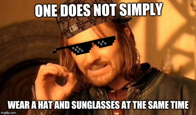 One Does Not Simply Meme | ONE DOES NOT SIMPLY; WEAR A HAT AND SUNGLASSES AT THE SAME TIME | image tagged in memes,one does not simply | made w/ Imgflip meme maker